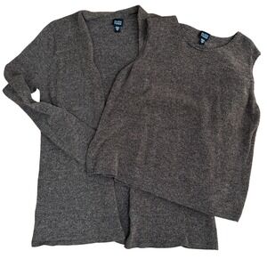 Eileen Fisher Brown Marled Knit Cardigan and Shell Twin Set Italian Yarn Large